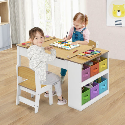 2-in-1 Kids Art Table and Easel Set with Chairs and Liftable Tabletop-Natural