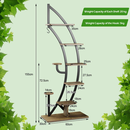 8-Tier Tall Wooden Curved Half-Moo Shape Plant Stand with Top Hook-Natural