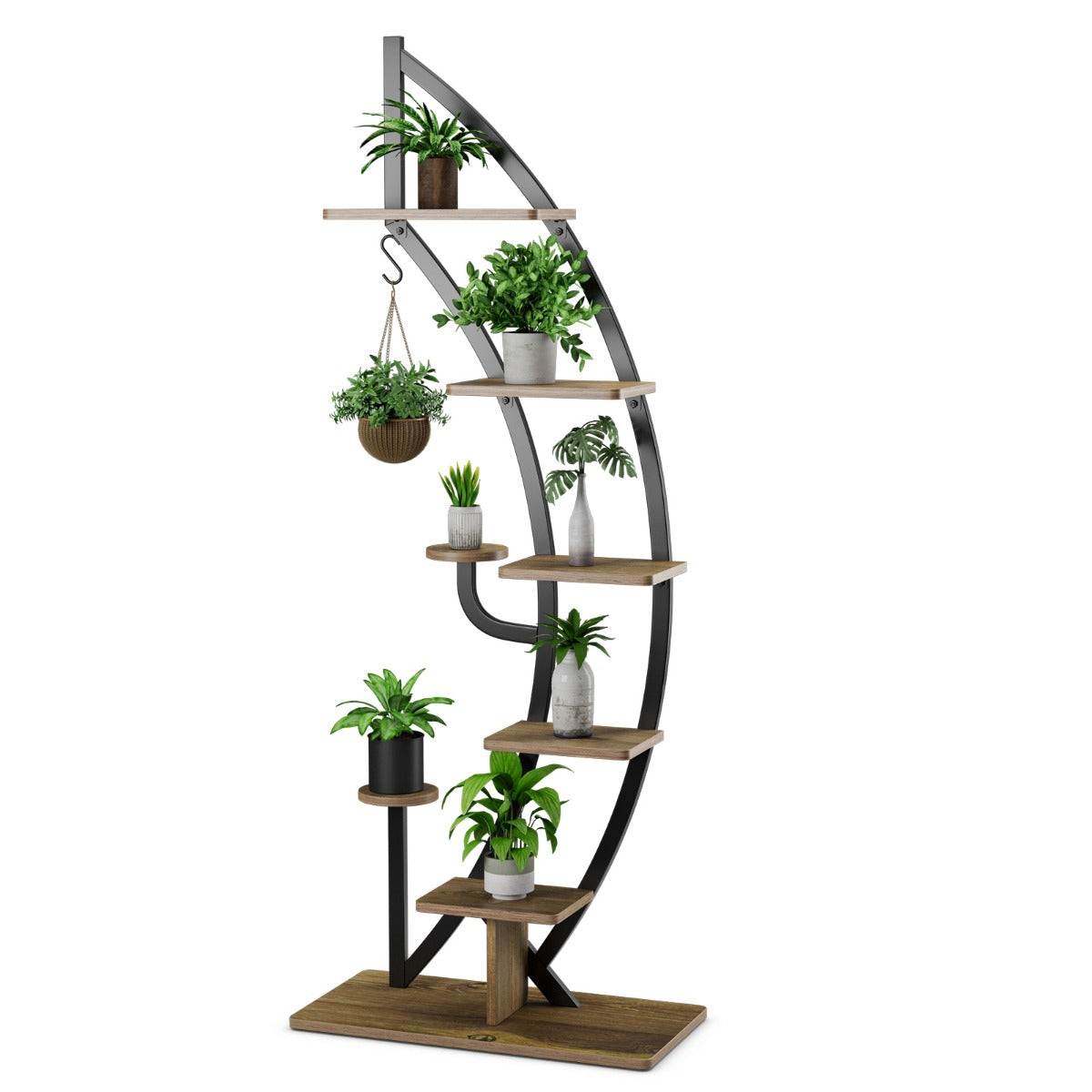 8-Tier Tall Wooden Curved Half-Moo Shape Plant Stand with Top Hook-Natural