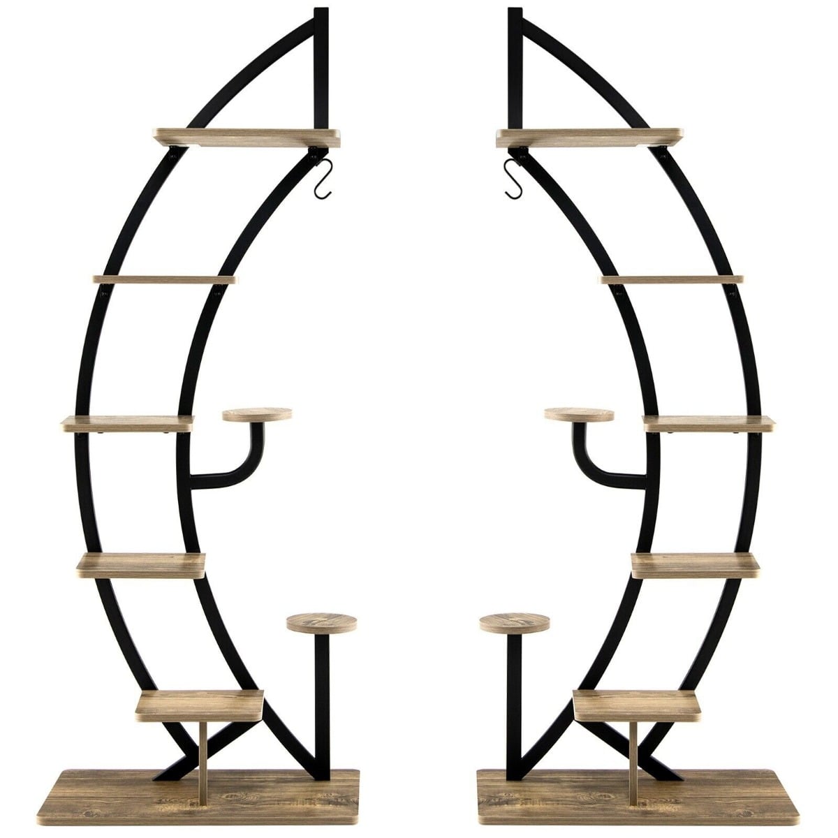 8-Tier Tall Wooden Curved Half-Moo Shape Plant Stand with Top Hook-Natural