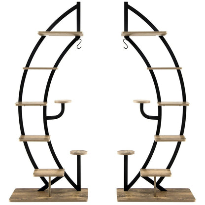 8-Tier Tall Wooden Curved Half-Moo Shape Plant Stand with Top Hook-Natural