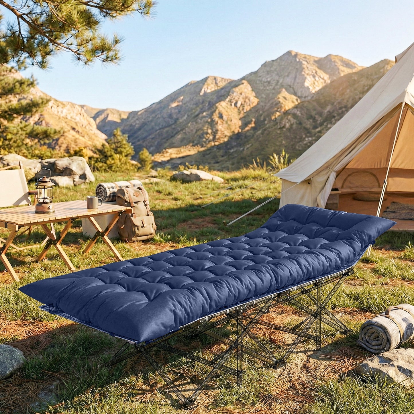 Outsunny Sleeping Mat, Foldable Camping Mattress Pad with Four Corner Elastic Straps, Dark Blue