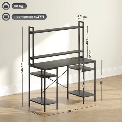 HOMCOM Computer Desk with Power Outlets and LED Lights, Home Office Desk with Monitor Stand, 2 CPU Stands and Storage Shelves, Study Table Gaming Desk with Hutch, Black