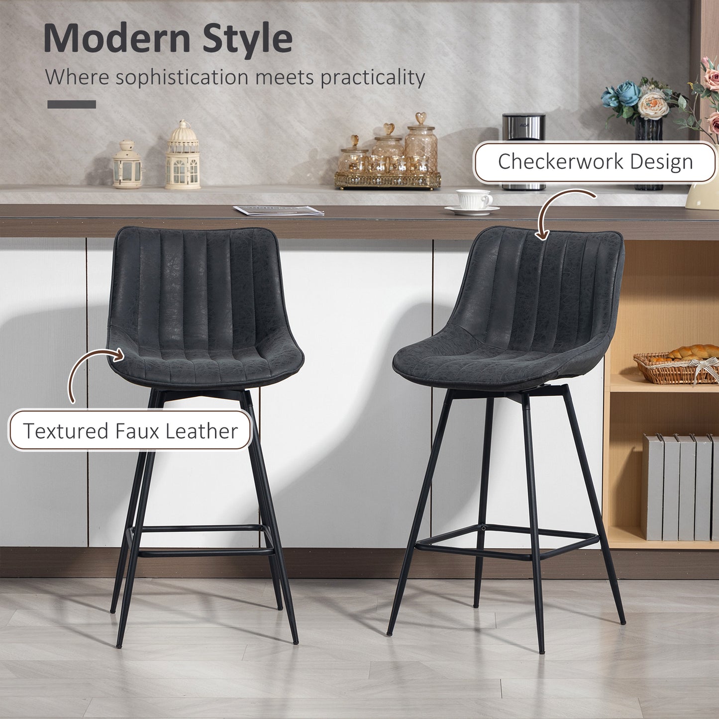 HOMCOM Set of 2 PU Leather Swivel Bar Stools - Black