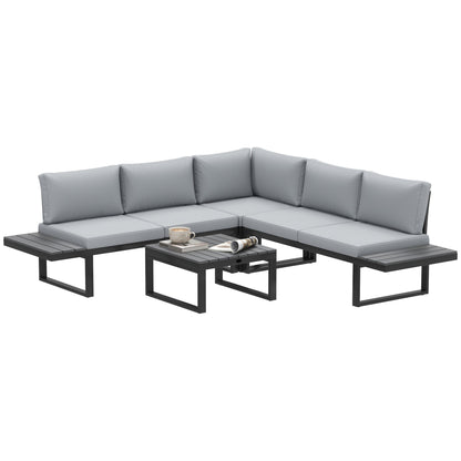 Outsunny 4 Pieces Garden Furniture Set, 5-Level Reclining Garden Corner Sofa Set, Outdoor Lounge Conversation Sectional with Cushions, Wood Effect Plastic Table, Black Frame & Light Grey Cushion