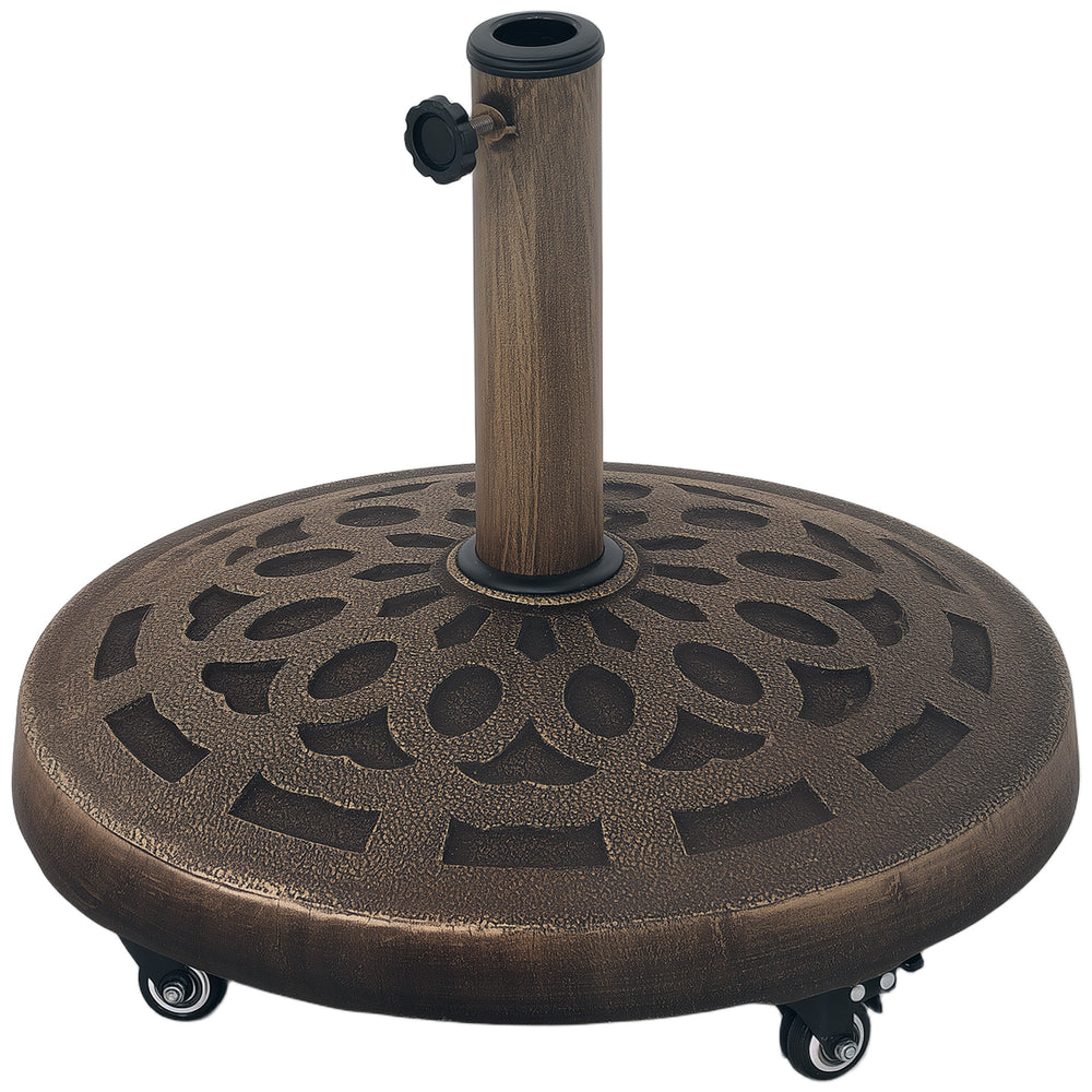 Outsunny 21kg Resin Garden Parasol Base with Wheels, Round Umbrella Stand, Heavy Duty Sun Umbrella Base for 32, 38, 48 mm Umbrella Poles for Deck Poolside, Bronze Tone
