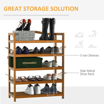 HOMCOM 5-Tier Shoe Rack, Acacia Wooden Shoe Storage Organiser with Hangers, Holds up to 19 Pairs, for Entryway, Living Room, 64 x 26 x 82 cm, Teak