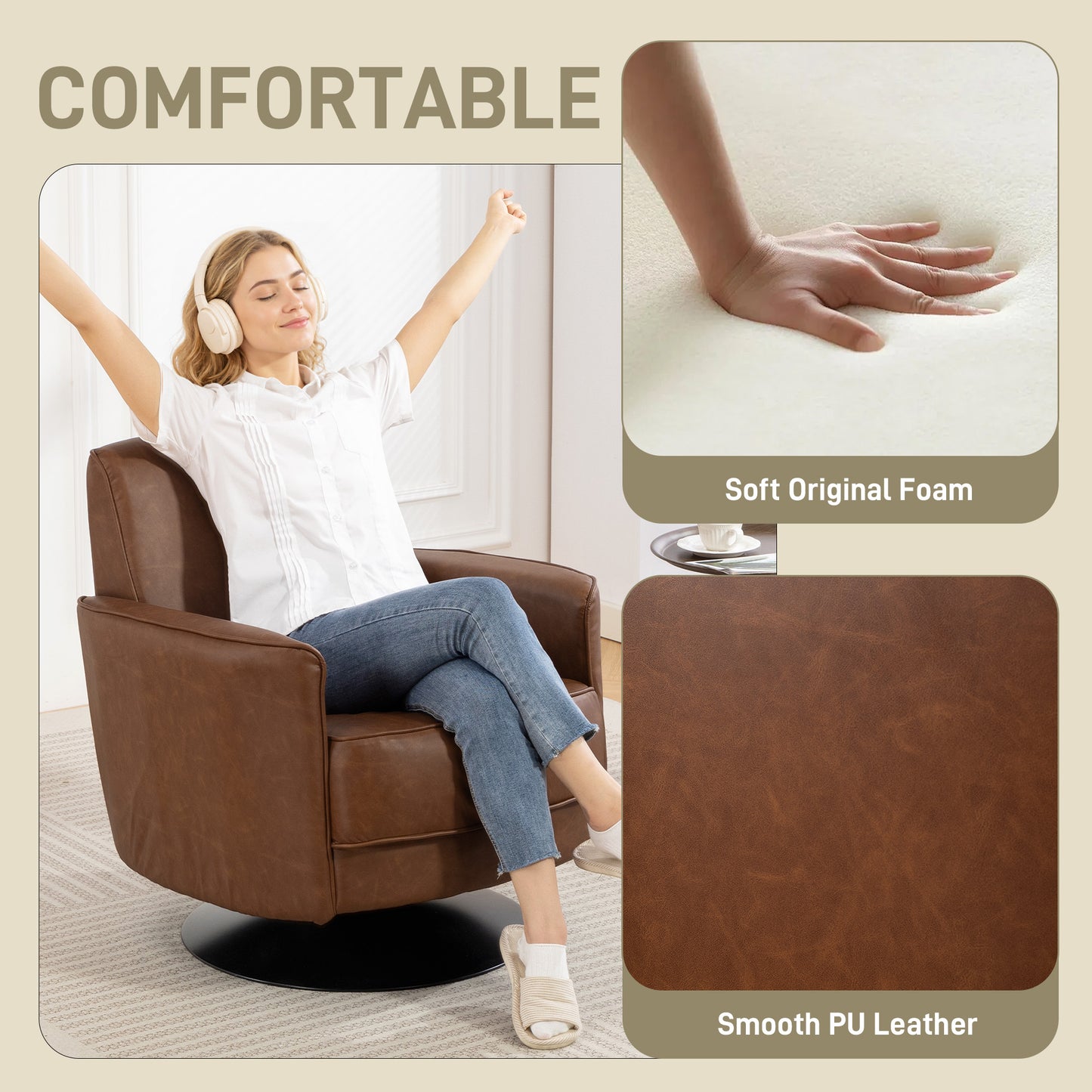 HOMCOM Upholstered Swivel Accent Chair with Thick Padding, Brown