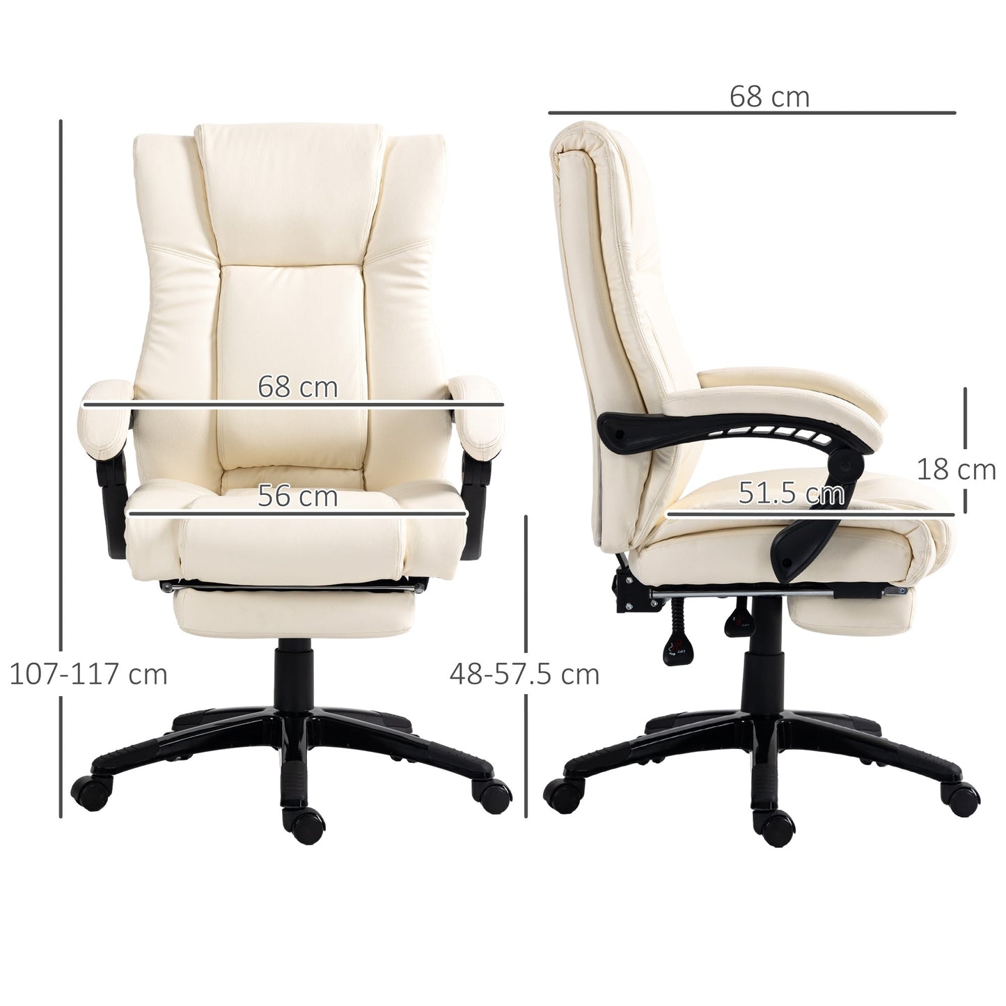 Vinsetto PU Leather Office Chair, Swivel Computer Chair with Footrest, Wheels, Adjustable Height, Cream White