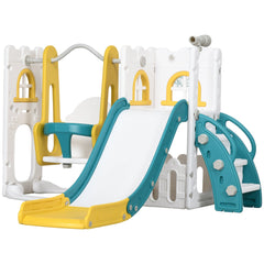AIYAPLAY 6-in-1 Swing and Slide Set, Kids Playground with Basketball Hoop, Telescope, Storage Space - Yellow
