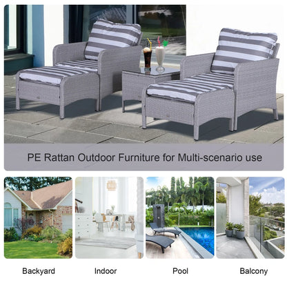 Outsunny 5 Pcs PE Rattan Garden Furniture Set, 2 Armchairs 2 Stools Glass Top Table Cushions Wicker Weave Chairs Outdoor Seating, Grey and White