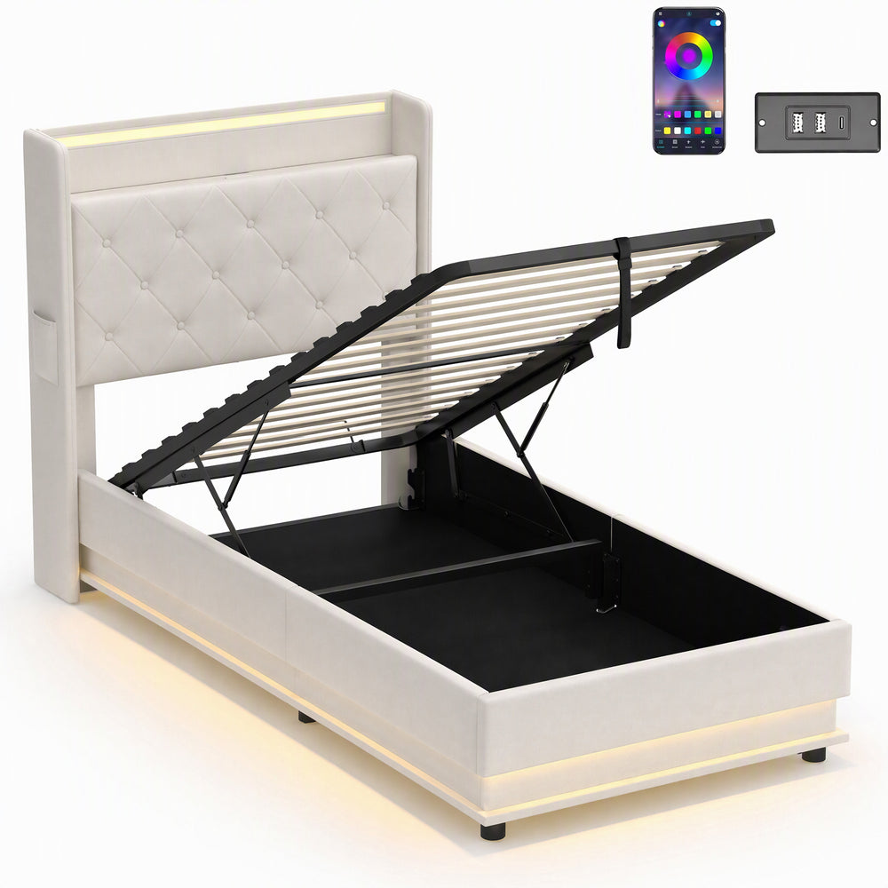 HOMCOM 3ft Single Bed Frame with Headboard, Platform Bed Frame with Hydraulic Storage, LED Lights and Charging Station, White