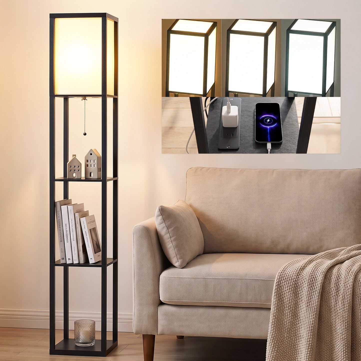 HOMCOM Floor Lamp with Shelves, 3 Layer Column Modern Standing Lamp for Living Room, Bedroom, Office, Black