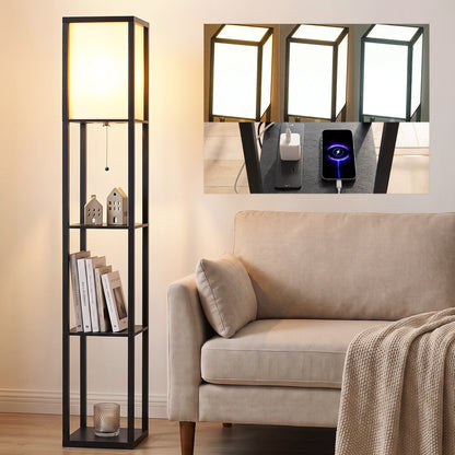 HOMCOM Floor Lamp with Shelves, 3 Layer Column Modern Standing Lamp for Living Room, Bedroom, Office, Black