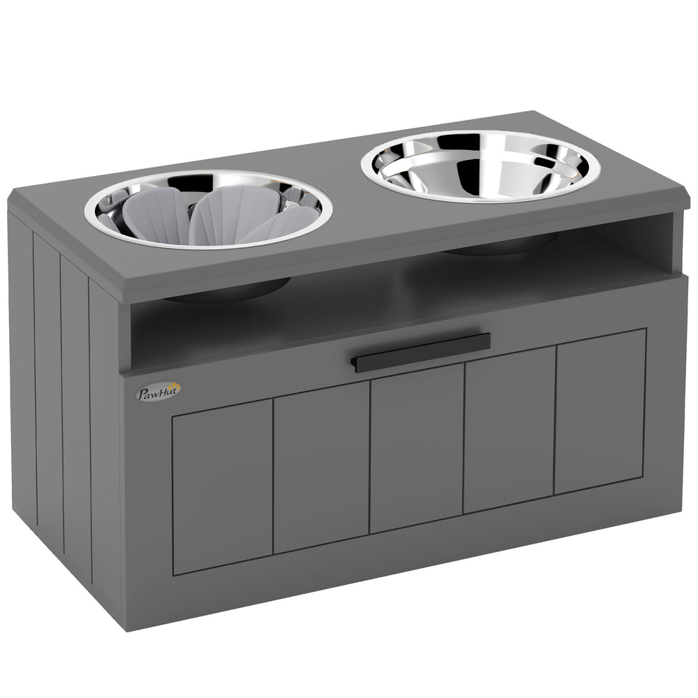PawHut Raised Dog Bowl with Slow Feeder, Two Stainless Steel Dog Bowls, Drawer, for Large and Extra Large Dogs, Grey