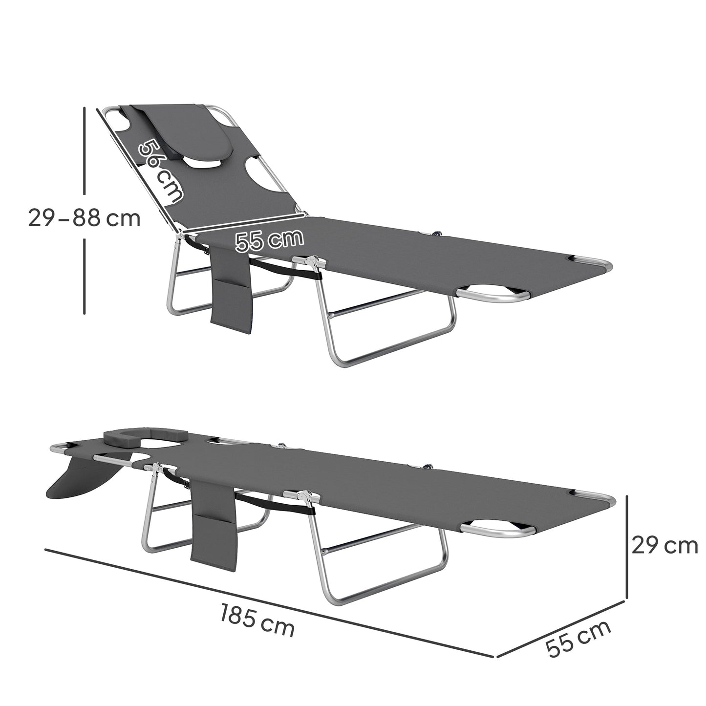 Outsunny Reclining Face Hole Sun Lounger - Dark Grey