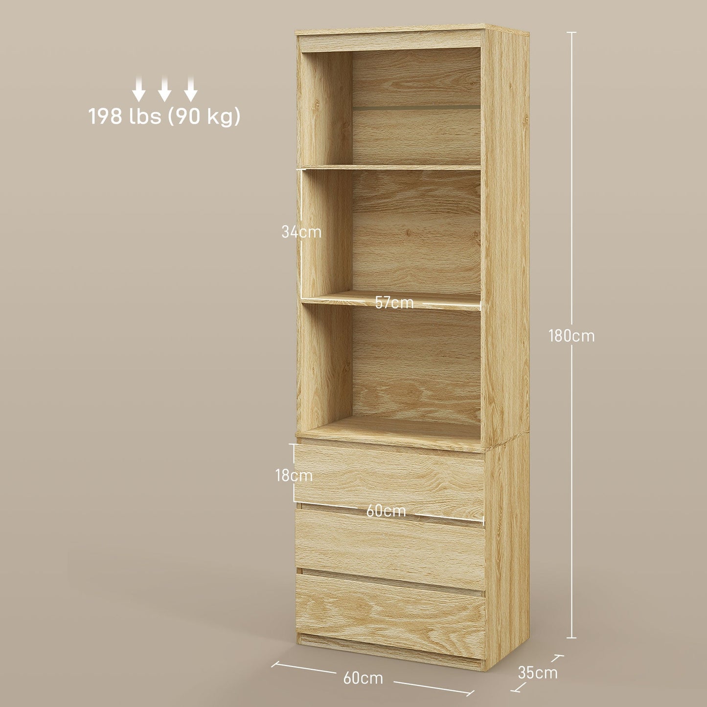 HOMCOM 180cm Tall Bookcase, with Shelves and Drawers - Wood Effect