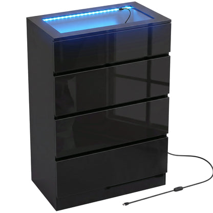 HOMCOM High Gloss 4 Drawer Chest of Drawers with Glass Top and RGB LED Lights, Dresser w/ Jewelry Organizer, APP Control, Black