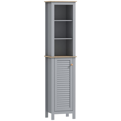 kleankin Bathroom Floor Storage Cabinet with 3 Tier Shelf and Cupboard with Door, Free Standing Linen Tower, Tall Slim Side Organizer Shelves, Grey