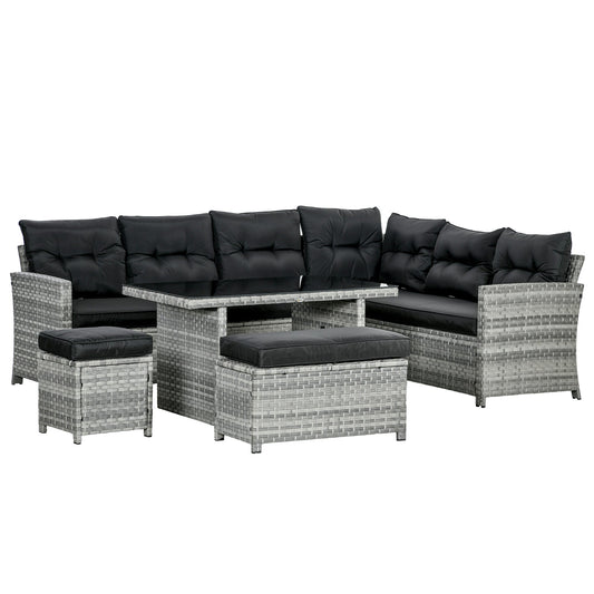 Outsunny 5-Piece Rattan Patio Furniture Set with Corner Sofa, Footstools, Glass Coffee Table, Cushions, Mixed Grey