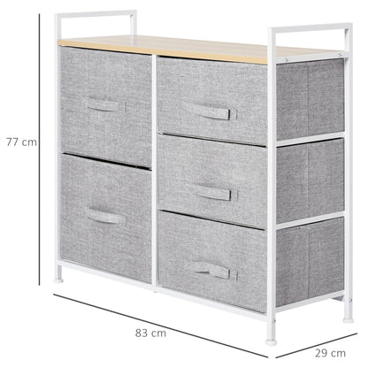 HOMCOM 5 Drawer Linen Basket Storage Unit Home Organisation w/ Shelf Handles Metal Frame Adjustable Feet Hallway Home Dresser Grey