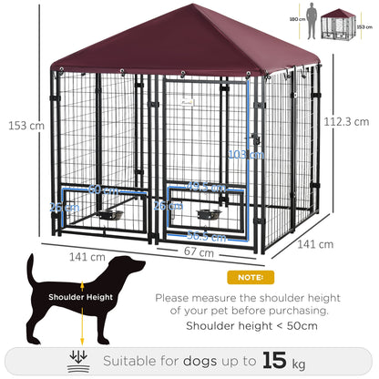 PawHut Outdoor Dog Kennel with Rotating Bowl Holders, Water and UV-Resistant Cover, for Medium, Small Dogs, Red