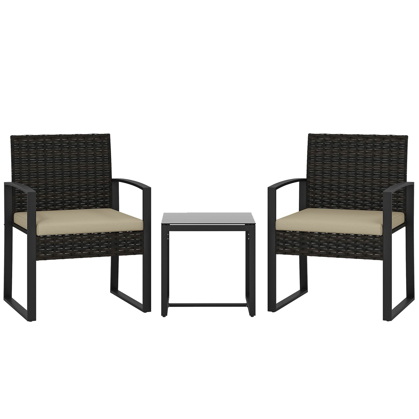 Outsunny Rattan Bistro Set, 3 Piece Garden Furniture Set with Glass Top Table and Cushions, Khaki