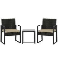 Outsunny Rattan Bistro Set, 3 Piece Garden Furniture Set with Glass Top Table and Cushions, Khaki