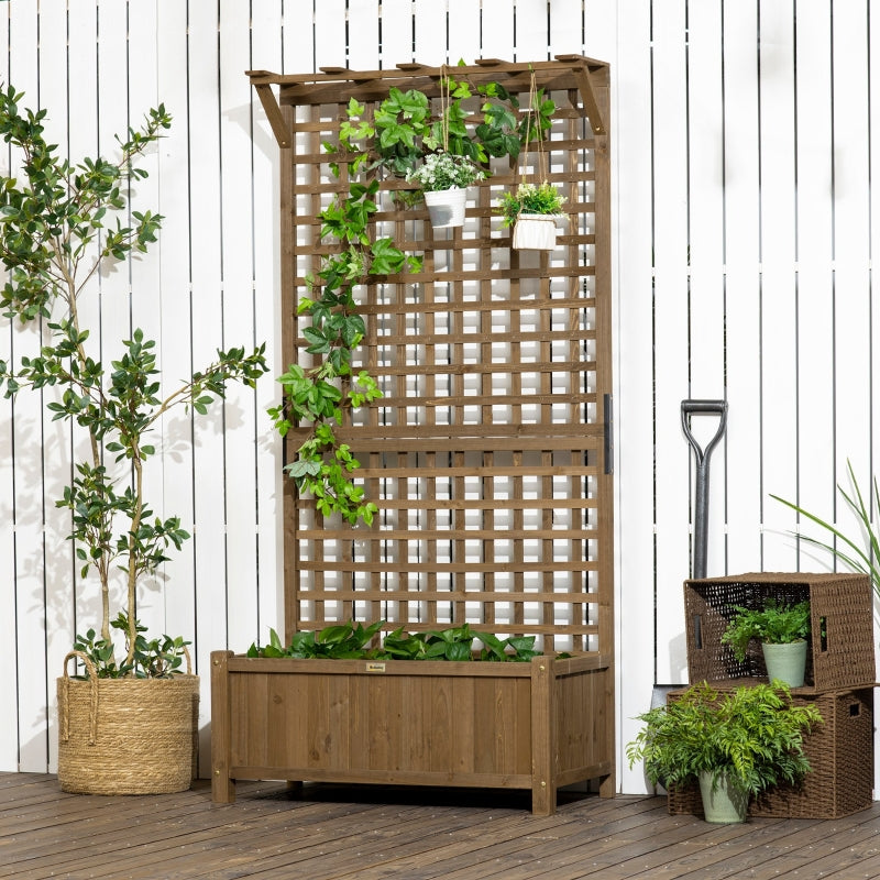 Wood Planter With Trellis For Vine Climbing- Coffee