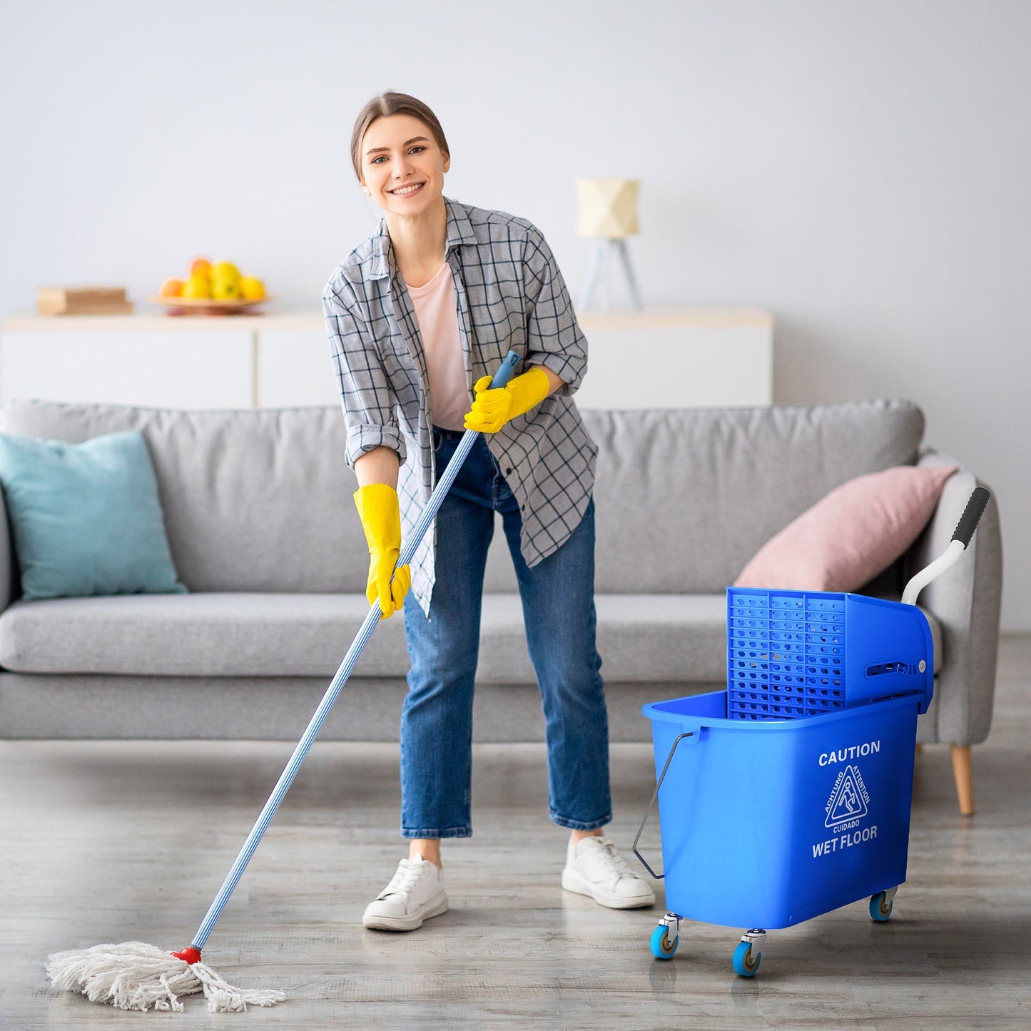 HOMCOM 20L Compact Mop Bucket on Wheels, with Water Separation Panel - Blue