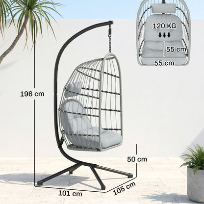 Outsunny Hanging Egg Chair, Indoor Outdoor Hammock Swing Chair with Stand, Safety Strap, Foldable Basket, Light Grey