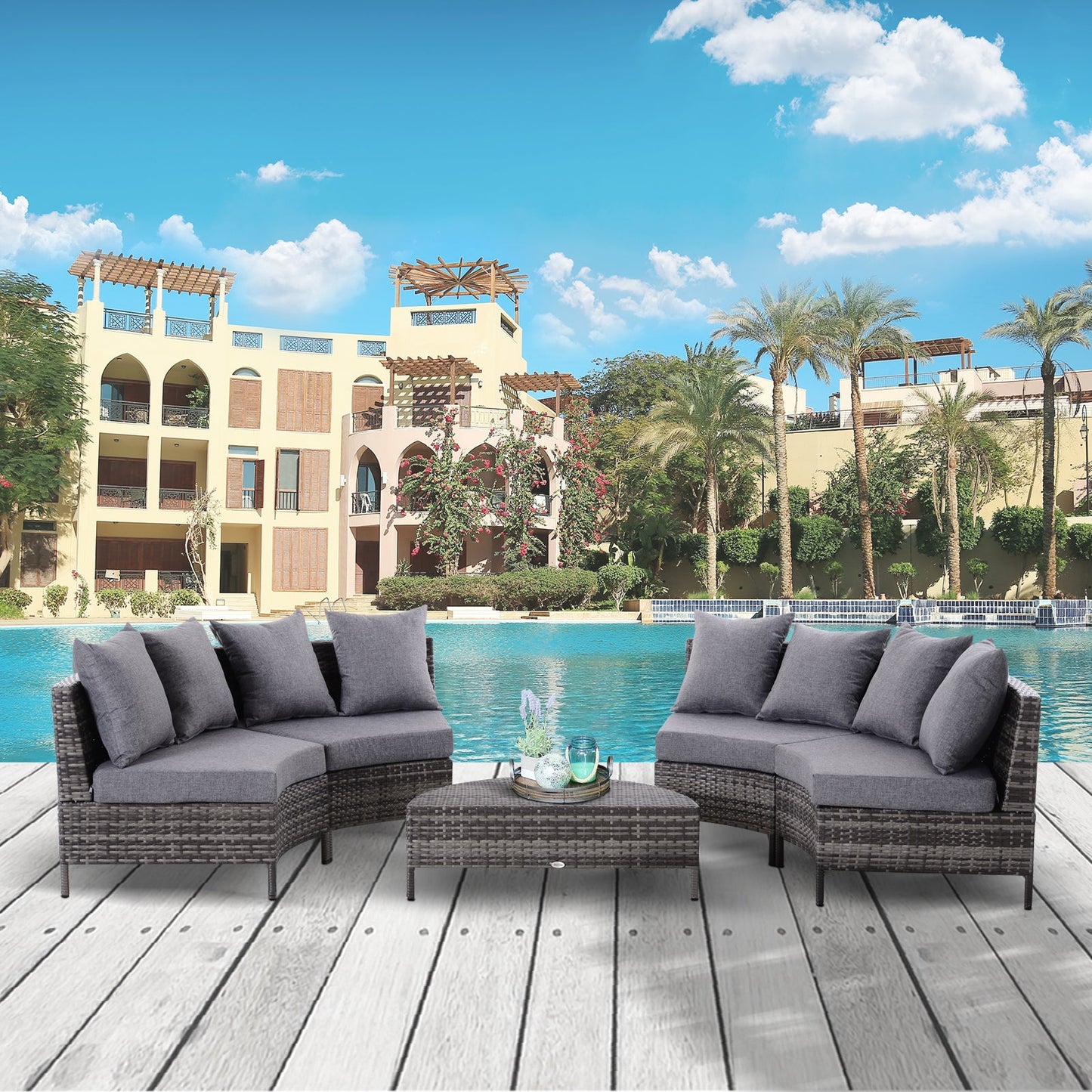 طقم أريكة وطاولة خارجية نصف دائرية من Outsunny Rattan Garden Furniture مكون من 4 مقاعد وطاولة فناء منسوجة من الخيزران مع مقعد مبطن ووسادة - رمادي