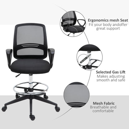 Vinsetto Ergonomic Mesh Back Drafting Chair Tall Office Chair with Adjustable Height and Footrest 360° Swivel, Black