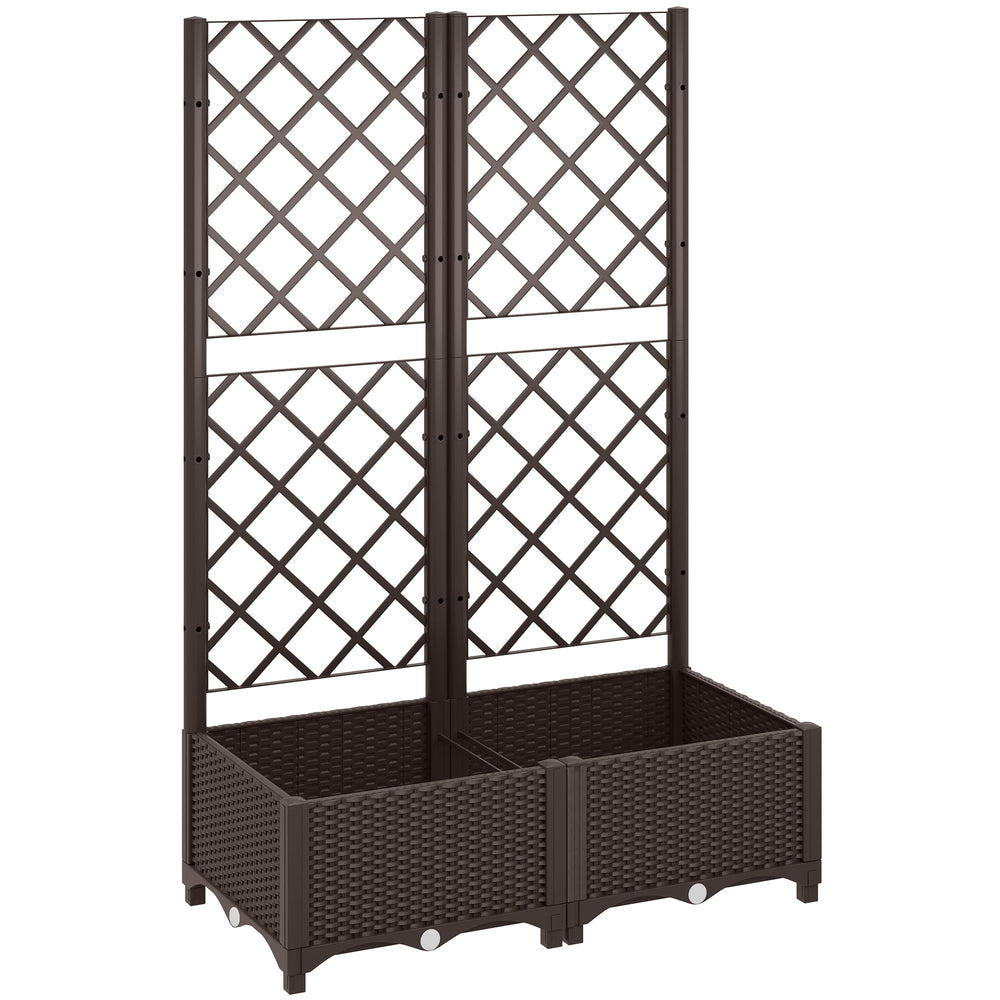 Outsunny Raised Garden Bed with Trellis, Plastic Planter Box with Drainage Holes, Drain Plugs and Water Reservoirs for Climbing Plants, Vegetables, Flowers, Brown