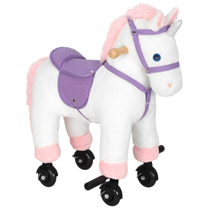 AIYAPLAY Unicorn Rocking Horse, Plush Ride On Horse with Hoof and Neighing, Rolling Wheels and Pedal for 3-8 Y, Up to 50kg, White