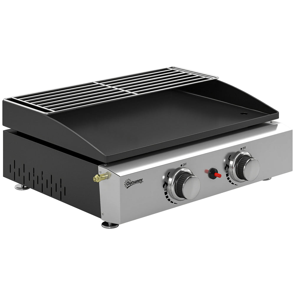Outsunny 2 Burner Grill Griddle, Portable Gas Plancha with Warming Rack, 5 kW, Tabletop Gas BBQ with Grease Cup, Black