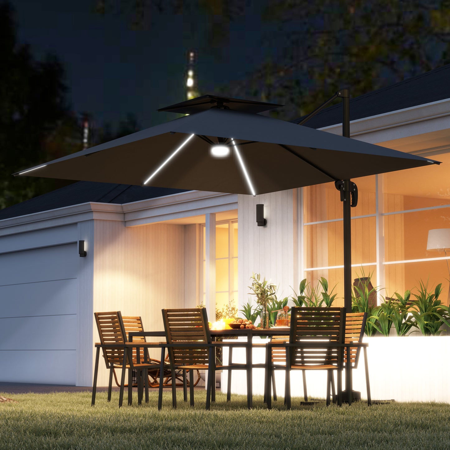 Outsunny 2.5m Cantilever Parasol with Solar Powered LED Lights, 360¡ Rotation, Tilt Adjustment, Crank Handle, Dark Grey