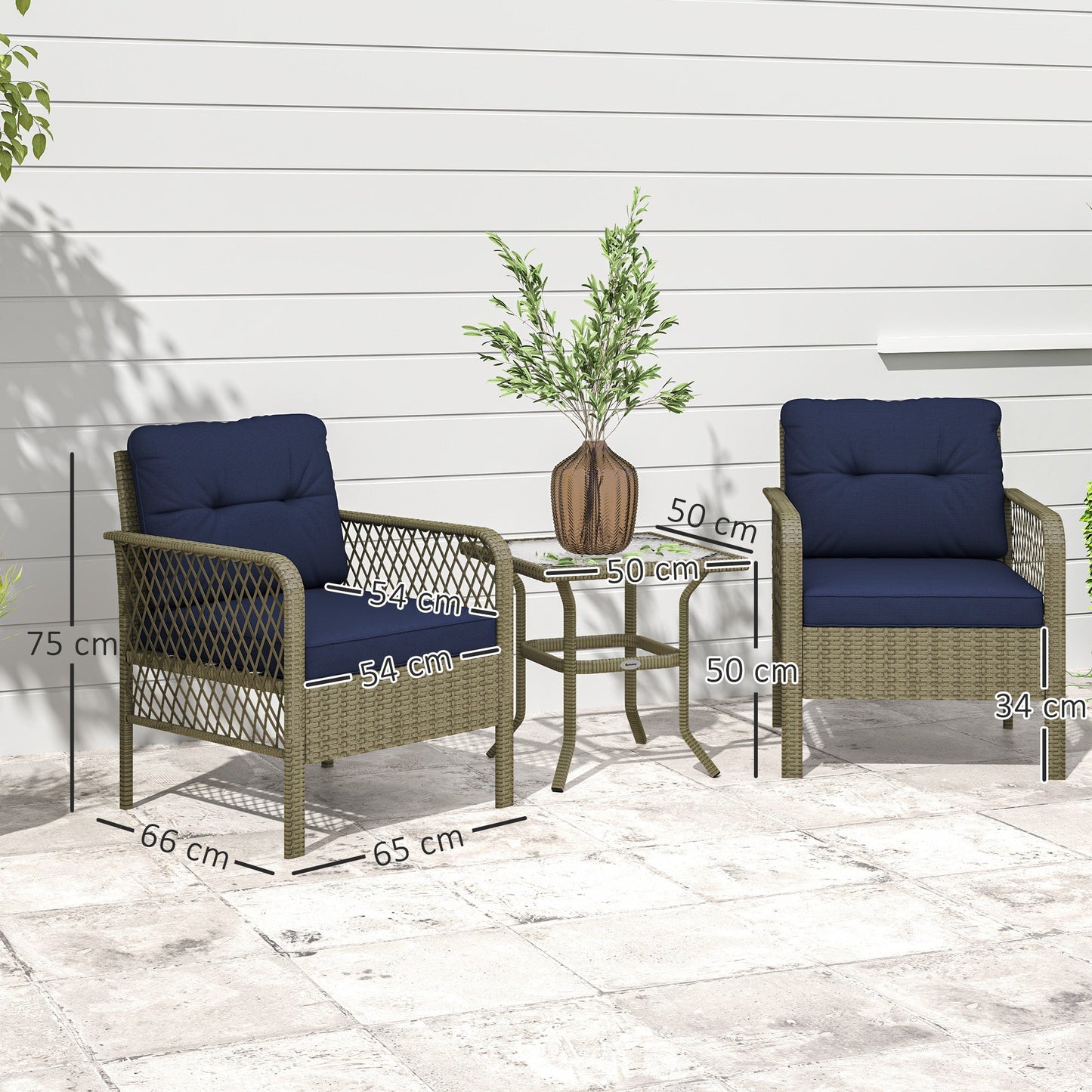 Outsunny 3 Pieces Rattan Bistro Set with Glass Top Coffee Table, Chairs and Cushions for Outdoor, Patio, Balcony, Charcoal Grey