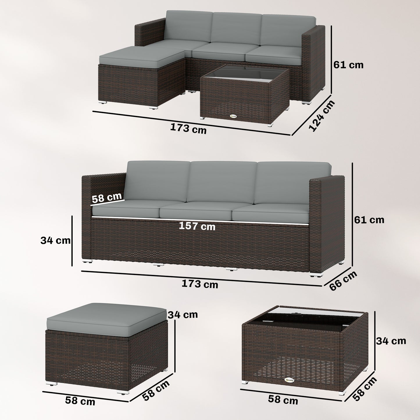 Outsunny 3 Pieces Garden Furniture Set w/ Cushions, PE Rattan Wicker Conversation Corner Sofa Set, Light Grey