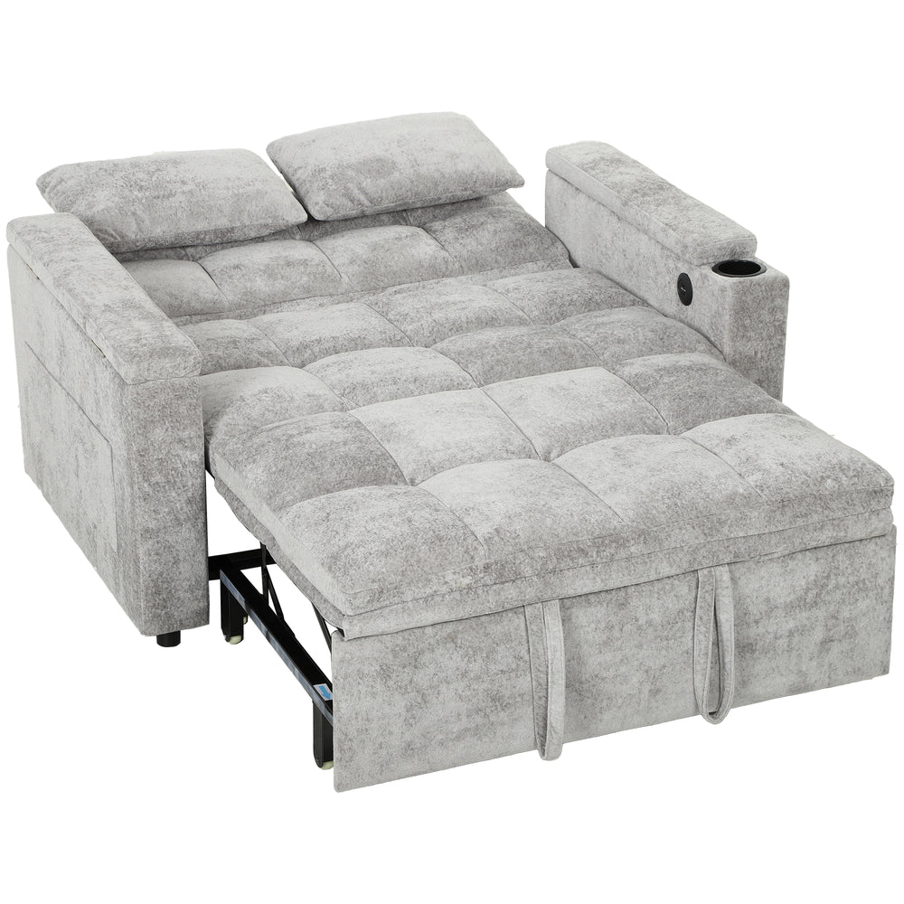 HOMCOM 2 Seater Sofa Bed, 3-in-1 Convertible Pull Out Sleeper Bed with Hidden Table, USB Port, Armrest Storage, Grey