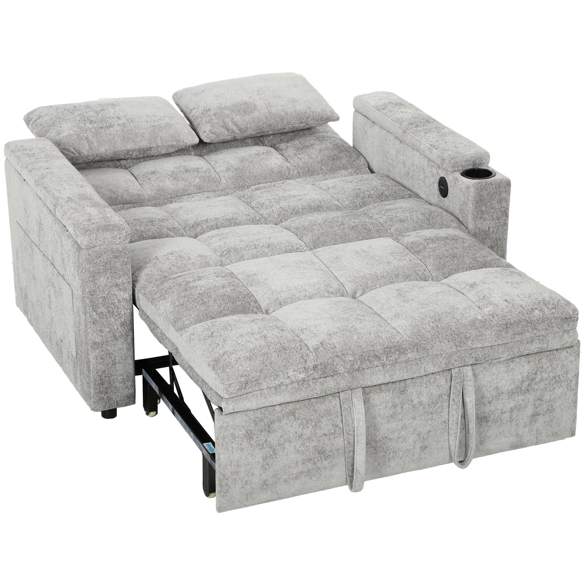 HOMCOM 2 Seater Sofa Bed, 3-in-1 Convertible Pull Out Sleeper Bed with Hidden Table, USB Port, Armrest Storage, Grey
