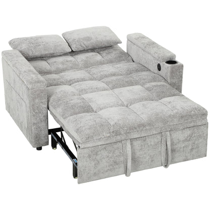 HOMCOM 2 Seater Sofa Bed, 3-in-1 Convertible Pull Out Sleeper Bed with Hidden Table, USB Port, Armrest Storage, Grey