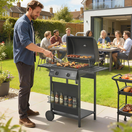 Outsunny Gas Burner Barbecue Grill, 2 Burner Gas Grill with Side Tables, Warming Rack, Shelf, Thermometer, Grease Tray, Black