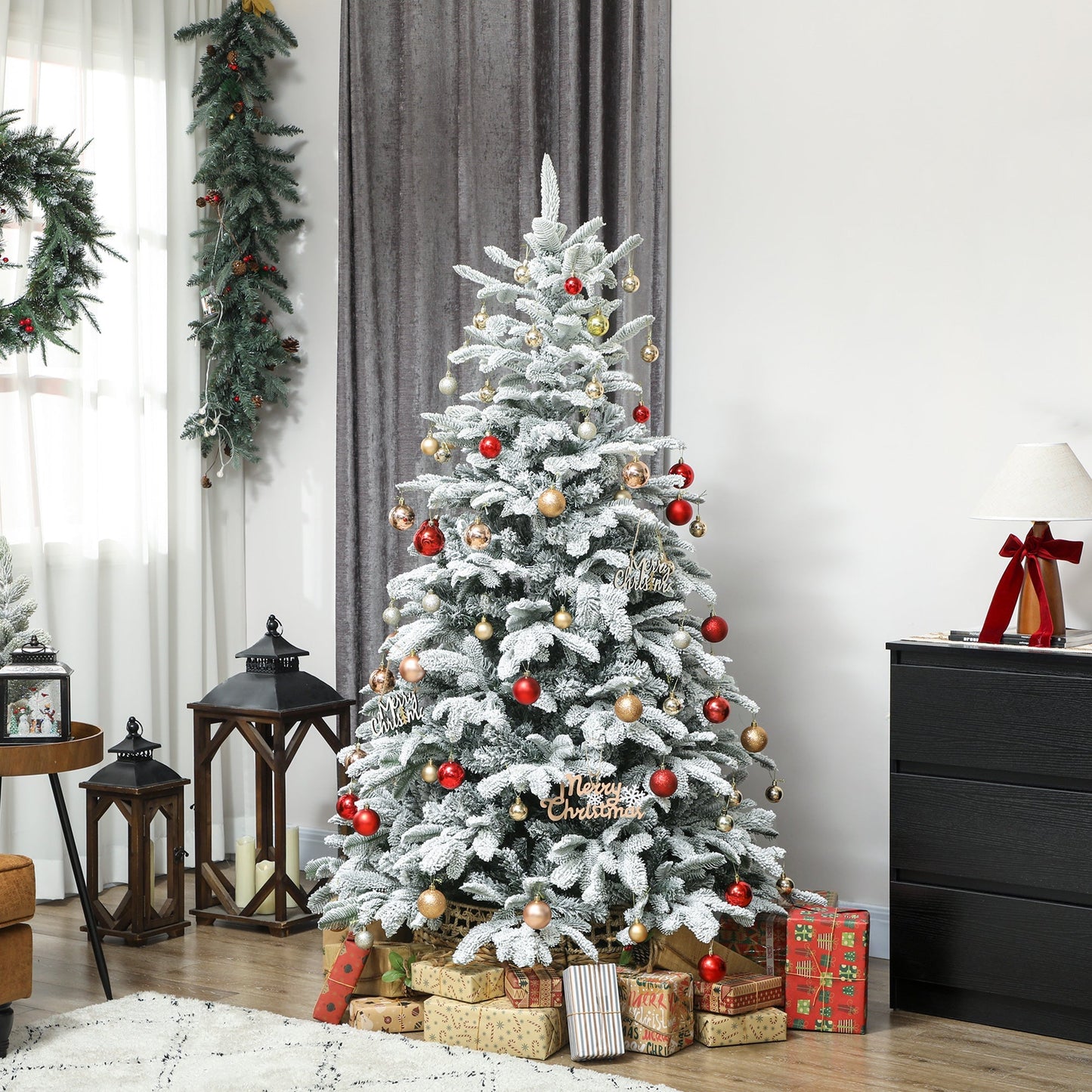 HOMCOM 6 ft Artificial Flocked Christmas Tree with 1182 Branches, Hinged Xmas Tree with Foldable Metal Stand, Easy Assembly for Home Office Decor