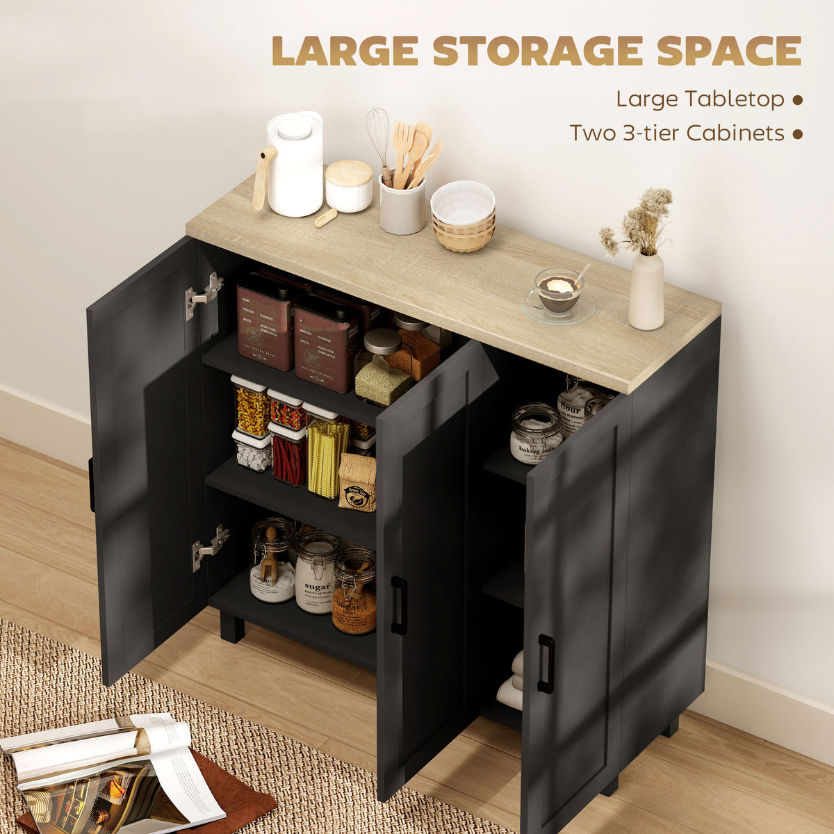 HOMCOM Sideboard Buffet Cabinet, Kitchen Storage Cabinet with 3 Doors and Adjustable Shelves for Living Room, Kitchen, Black