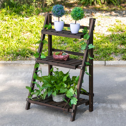 Outsunny 3-Tier Foldable Plant Stand, Wooden Ladder Shelf, Flower Pots Holder for Indoor Outdoor, 60L x 37W x 93H cm