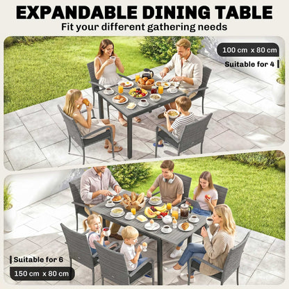 Outsunny 7 Piece Rattan Garden Furniture Set, 6 Seater Garden Table and 6 Stackable Chairs with Extendable Acacia Wood Tabletop