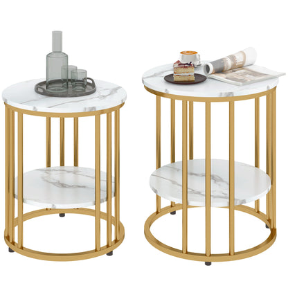 HOMCOM Set of Two Marble-Effect Coffee Tables - White/Gold-Tone