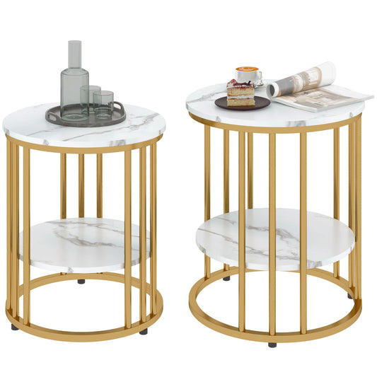 HOMCOM Set of Two Marble-Effect Coffee Tables - White/Gold-Tone