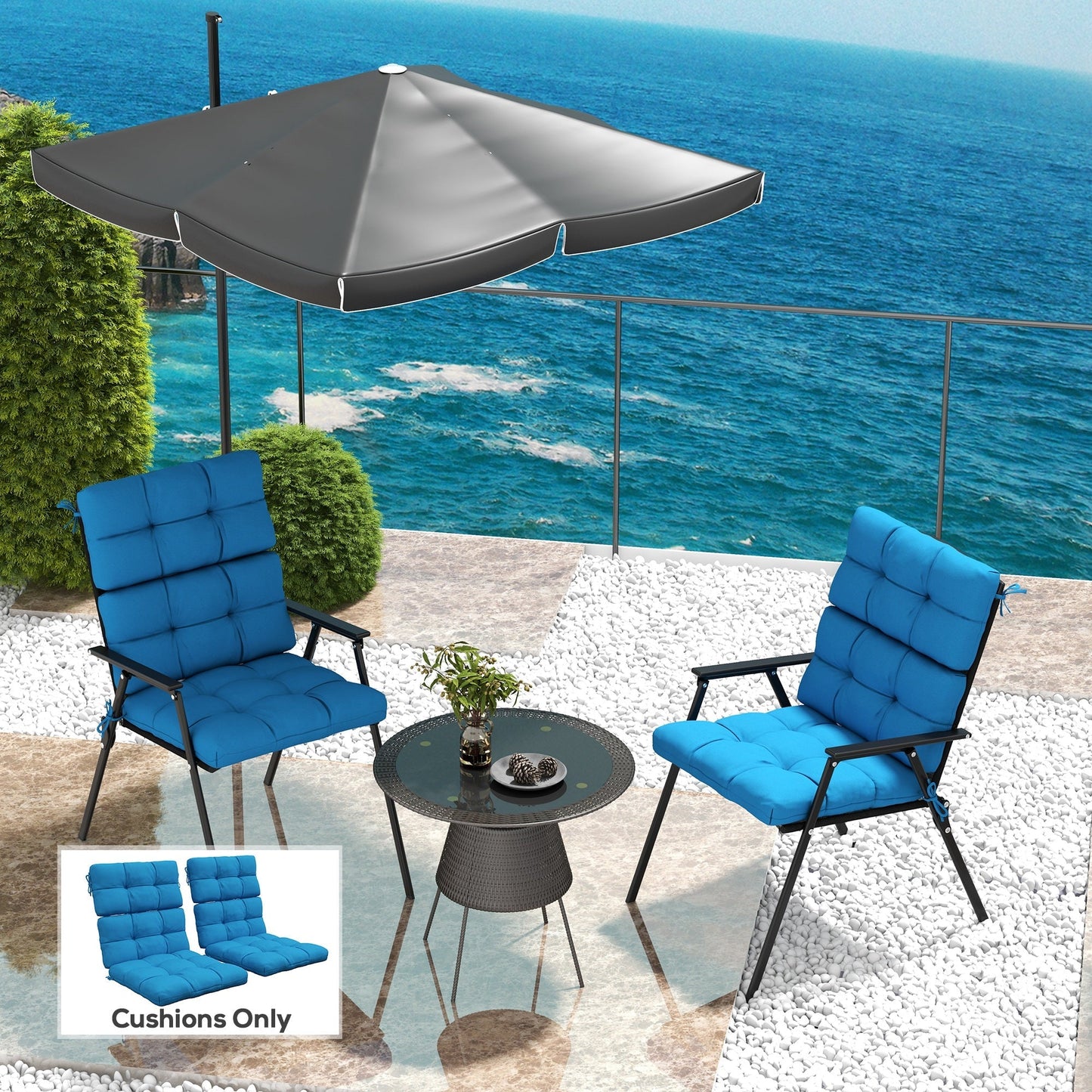 Outsunny 2-Piece Seat Cushion Replacement with Backrest, Garden Patio Chair Cushions Set with Ties, Blue